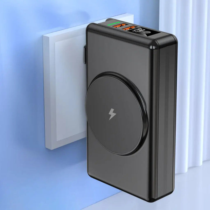 "Universal power bank 20000mAh with built-in cables, USB-C, lightning connectors, compact design, ideal for travel."