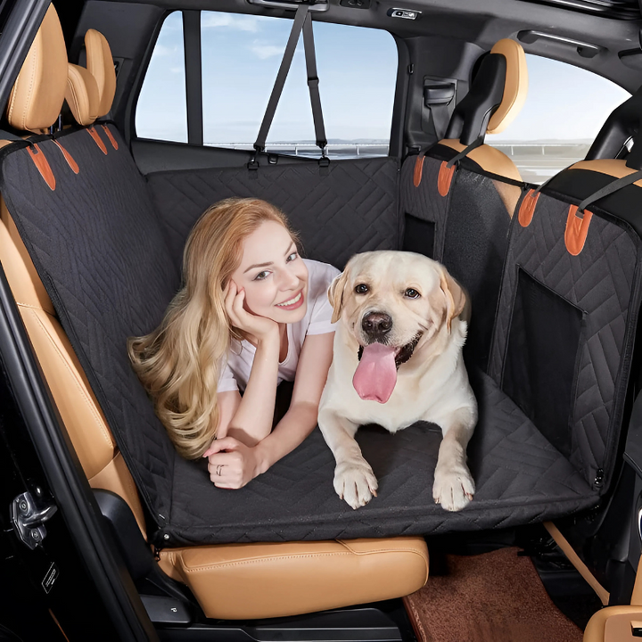 "Universal waterproof pet car seat cover with memory foam, plush and durable, fits any car for pet comfort and protection."