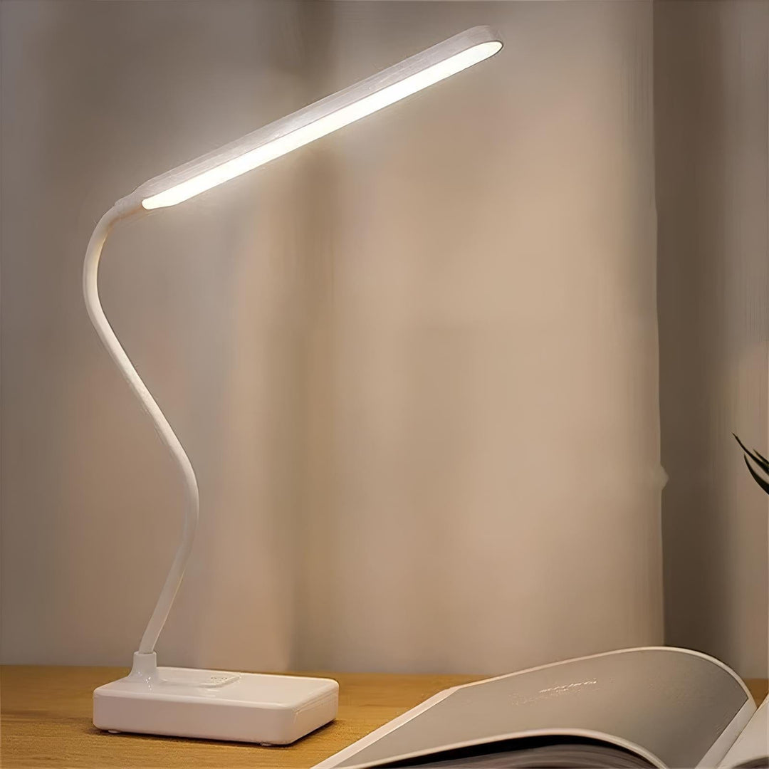 "USB rechargeable flexible arm desk lamp with adjustable neck, dimmable brightness, and three light color options."