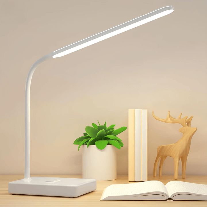 "USB rechargeable flexible arm desk lamp with adjustable neck, dimmable brightness, and three light color options."
