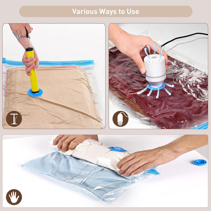 Vacuum bag set with robust electric pump, ideal for travel & moving.
