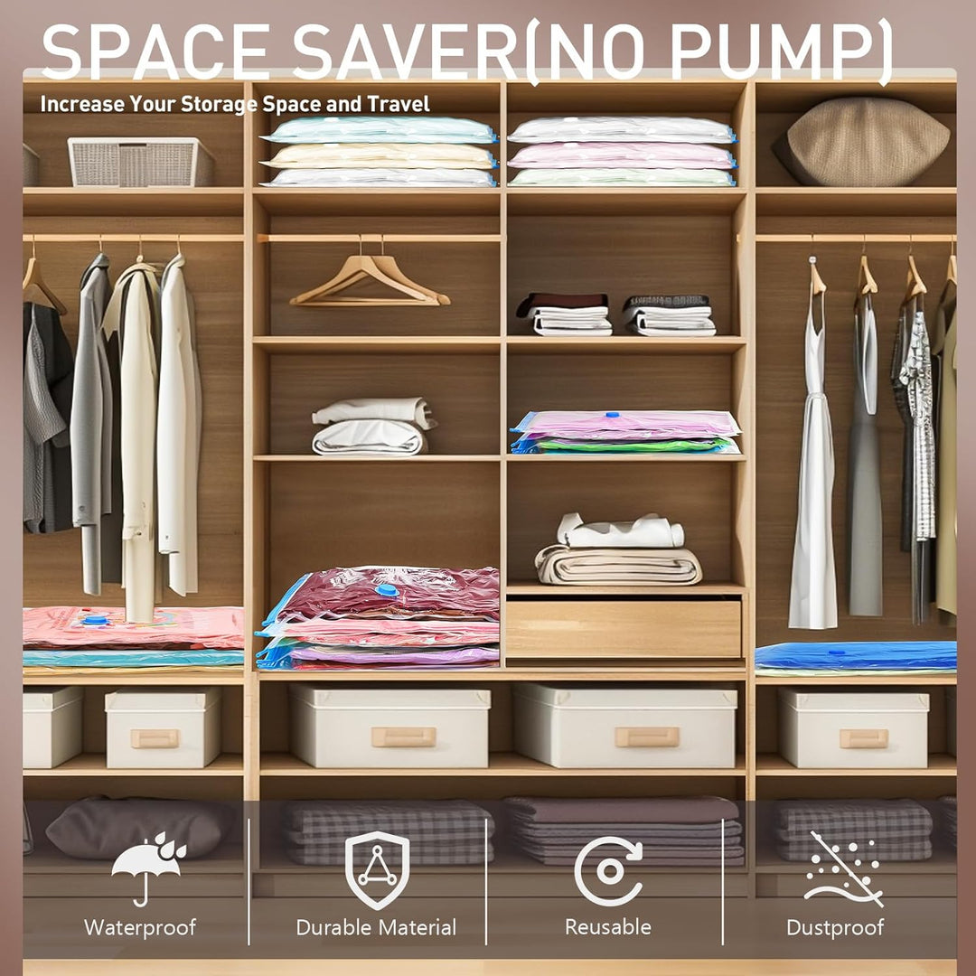 Multi-size vacuum bags & pump, perfect for clothes and blanket storage.