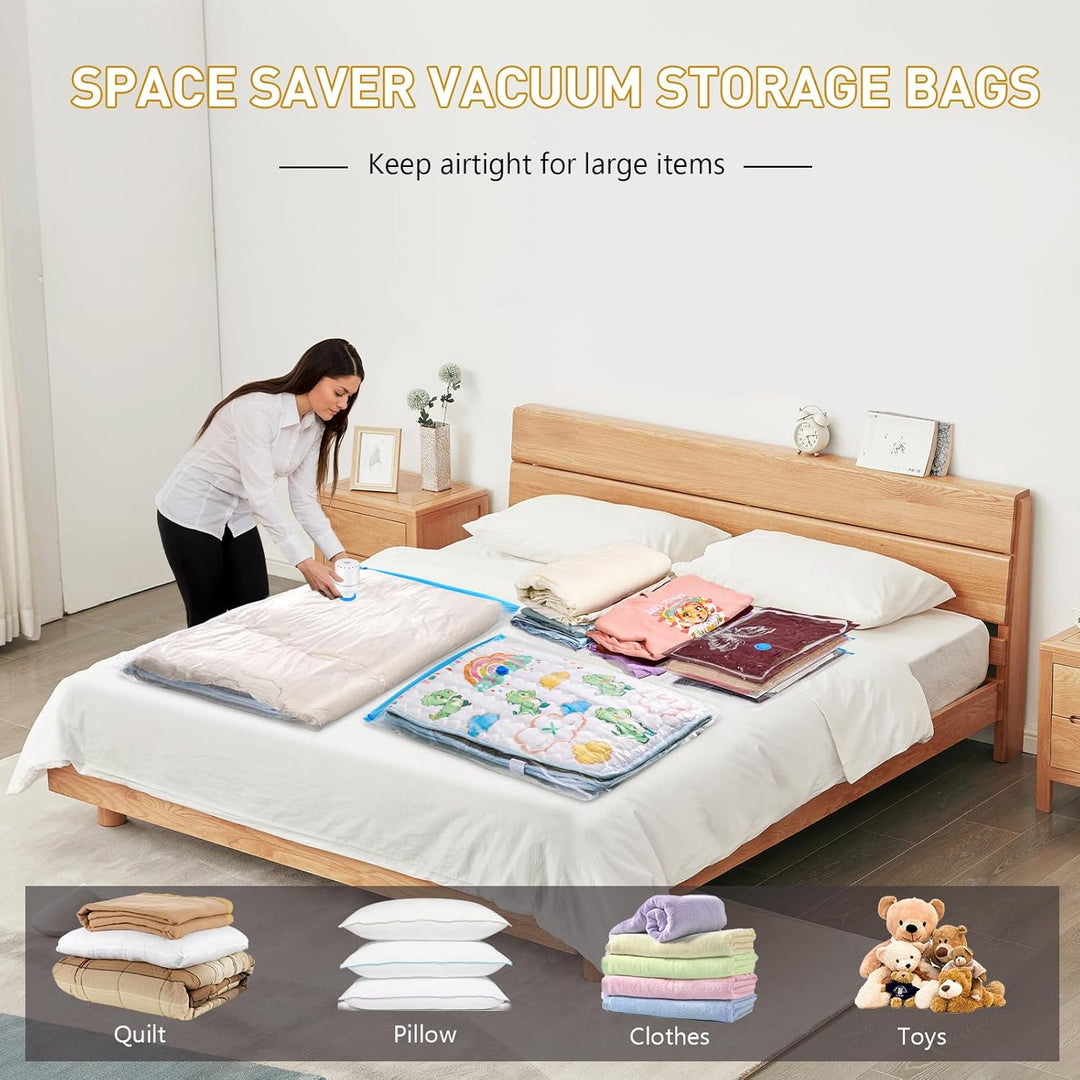 Durable vacuum space saver bags with electric pump for long-term storage.