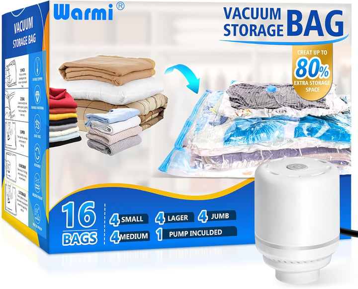 Vacuum bag set with electric pump for compact bedding & clothing storage.