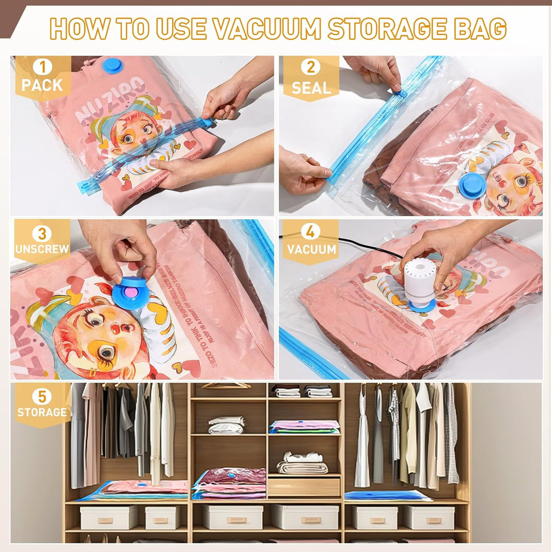 Protect & compress garments using this vacuum storage bag set & pump.