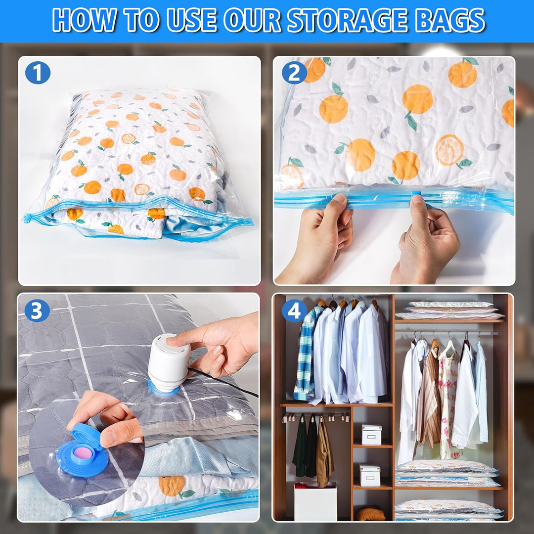 Bedding space saver vacuum bags, durable & reusable, with electric pump.