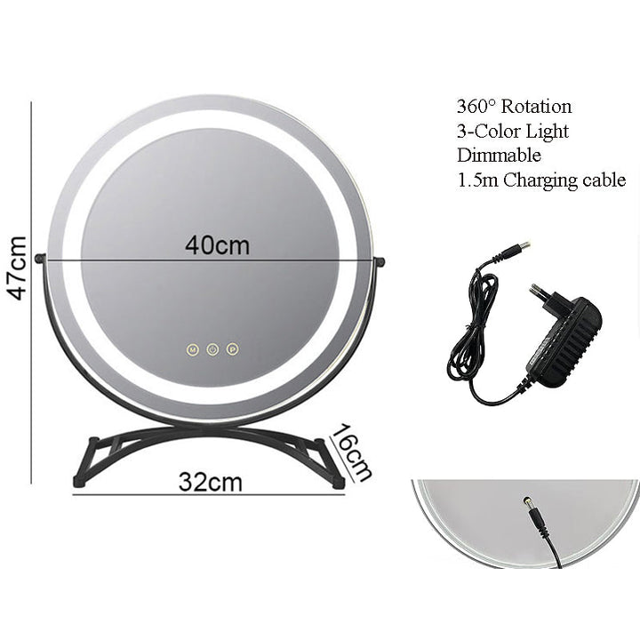 "Vanity makeup mirror with LED lights, touch-control, sleek metal frame, featuring 360° rotation for precise beauty applicati