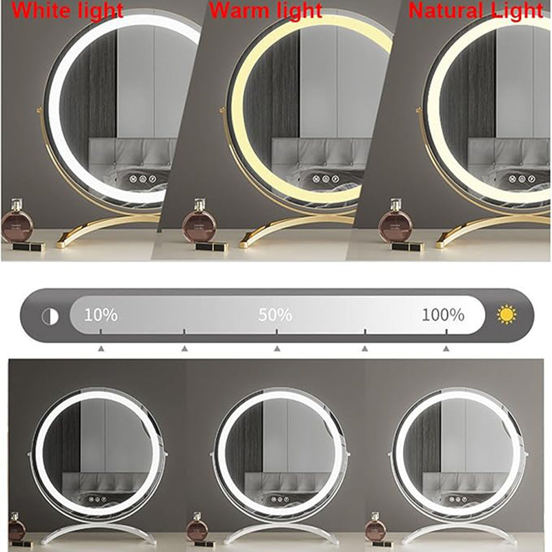 "Vanity makeup mirror with LED lights, touch-control, sleek metal frame, featuring 360° rotation for precise beauty applicati