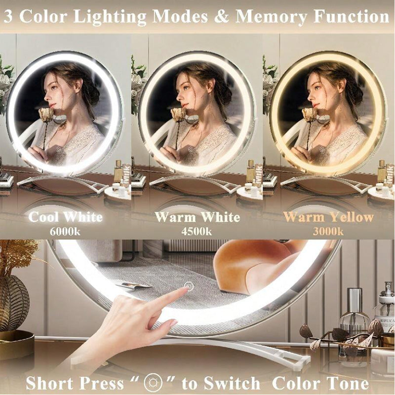 "Vanity makeup mirror with LED lights, touch-control, sleek metal frame, featuring 360° rotation for precise beauty applicati