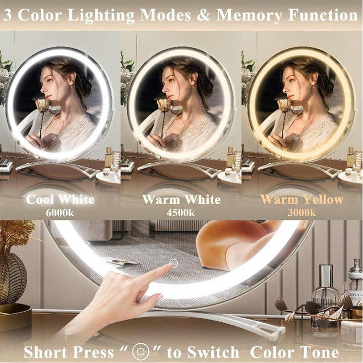 "Vanity makeup mirror with LED lights, touch-control, sleek metal frame, featuring 360° rotation for precise beauty applicati