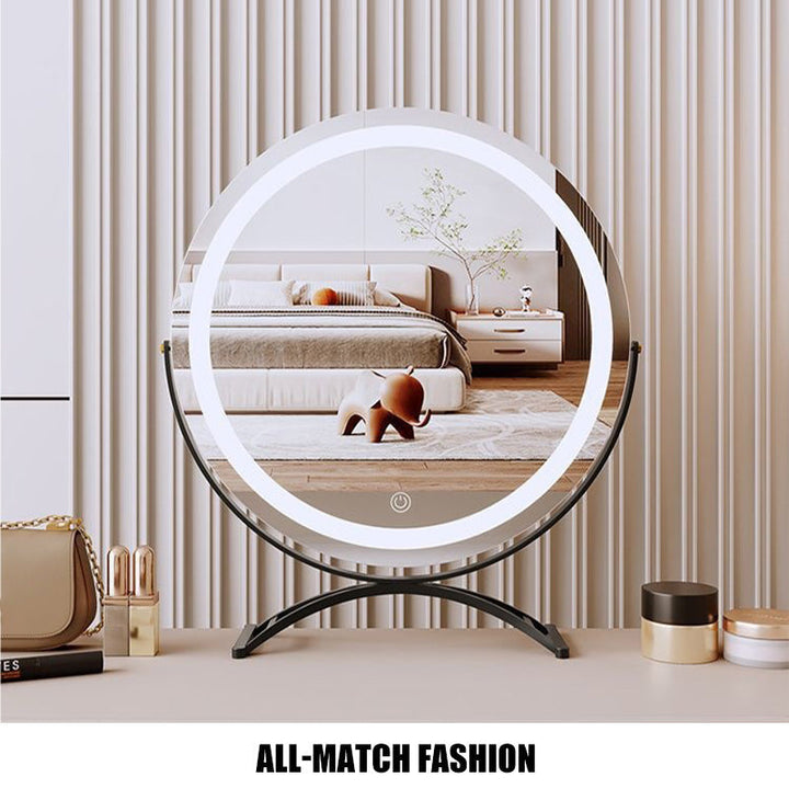 "Vanity makeup mirror with LED lights, touch-control, sleek metal frame, featuring 360° rotation for precise beauty applicati