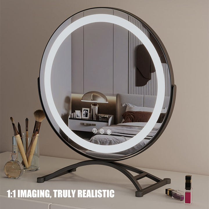 "Vanity makeup mirror with LED lights, touch-control, sleek metal frame, featuring 360° rotation for precise beauty applicati