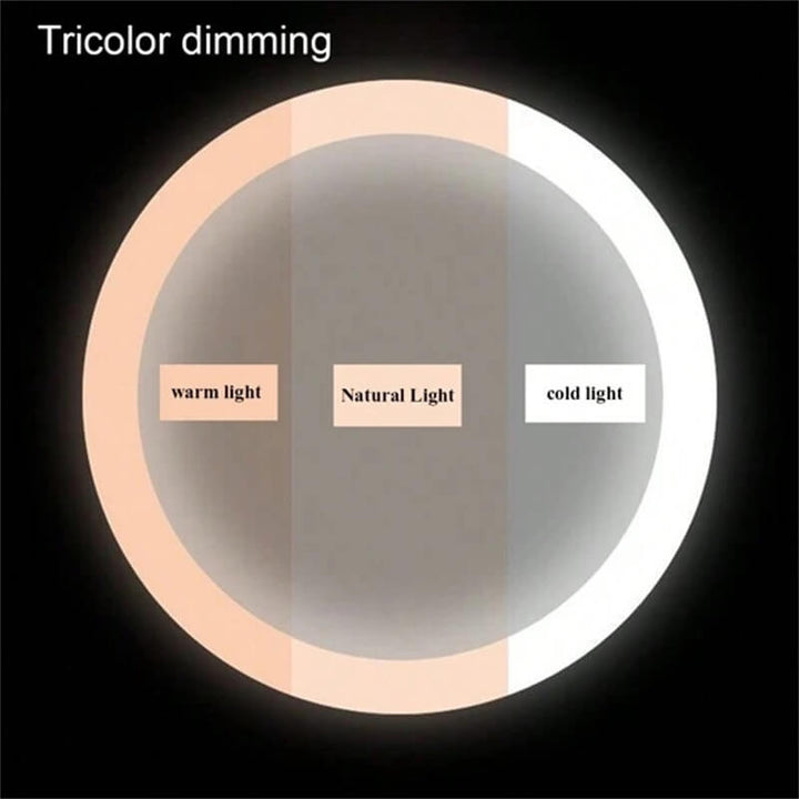 "Vanity makeup mirror with LED lights, touch-control, sleek metal frame, featuring 360° rotation for precise beauty applicati