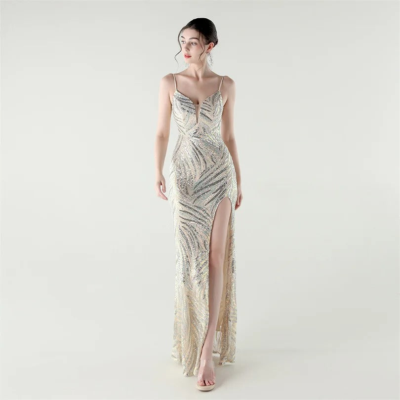 Elegant Sequin Evening Gown with Front Slit