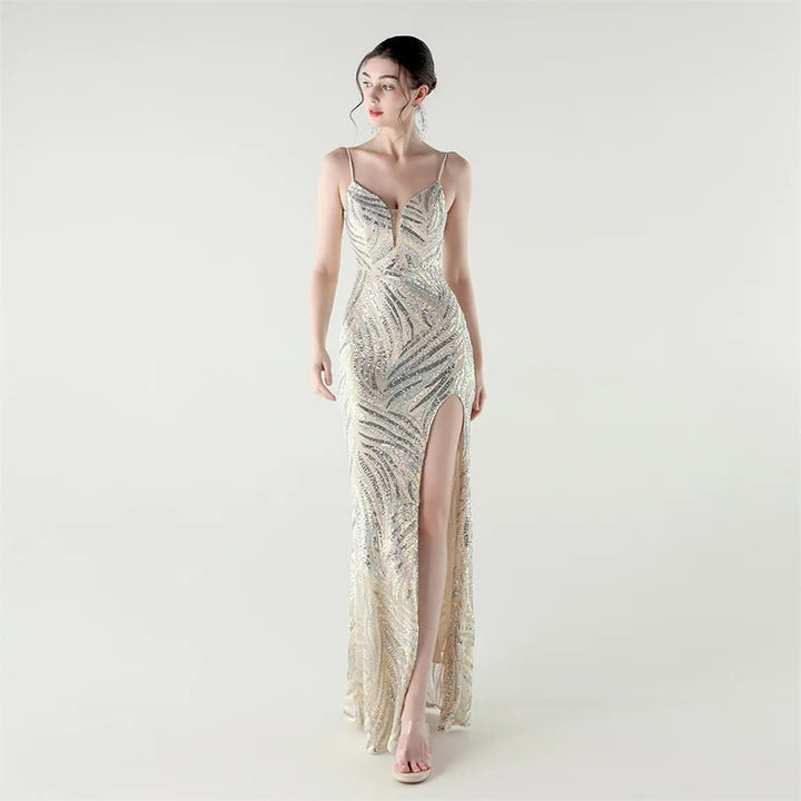 Elegant Sequin Evening Gown with Front Slit