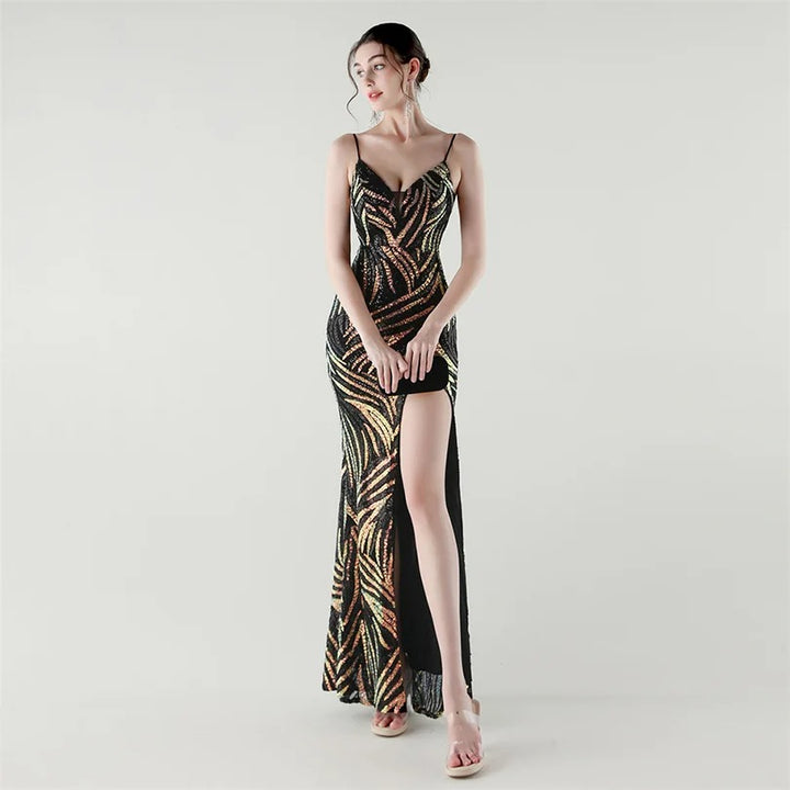 Elegant Sequin Evening Gown with Front Slit