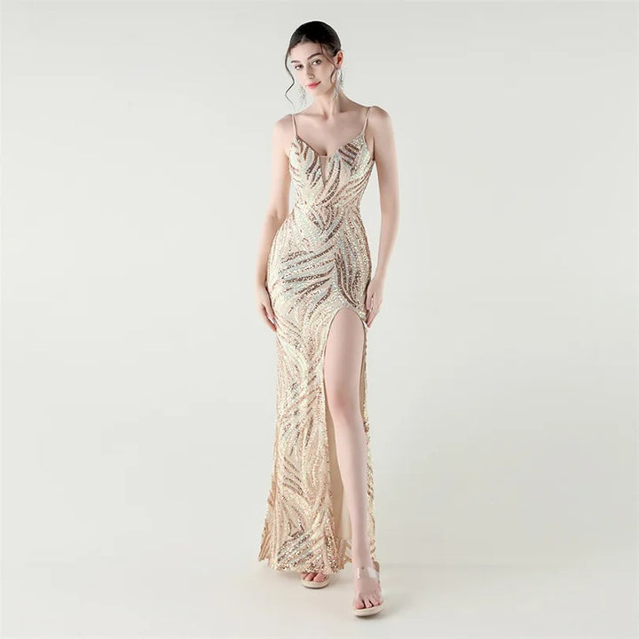 Elegant Sequin Evening Gown with Front Slit