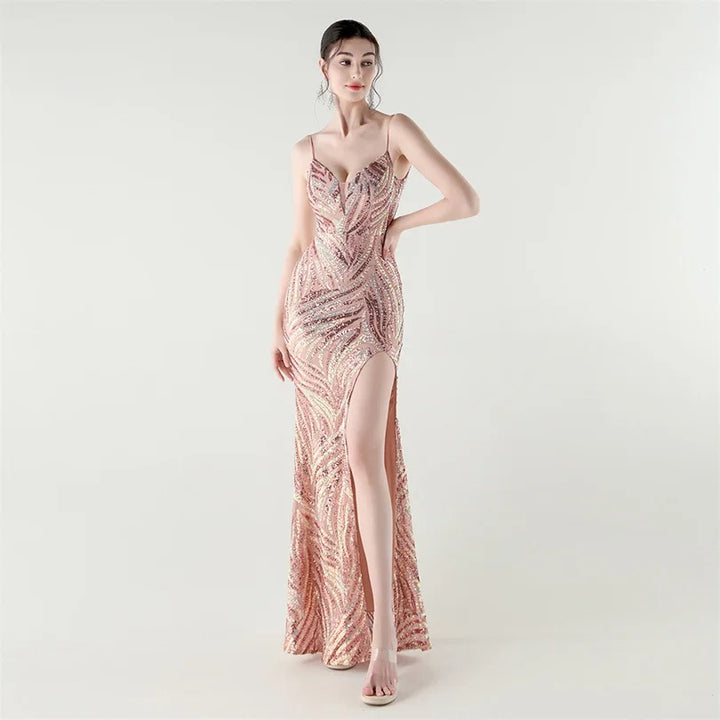 Elegant Sequin Evening Gown with Front Slit