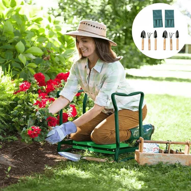 "Versatile 2-in-1 gardening kneeler seat with cushioned support, foldable design, and side pockets for easy garden use."