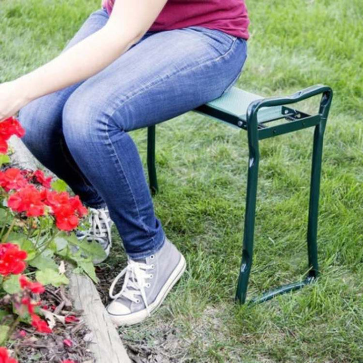 "Versatile 2-in-1 gardening kneeler seat with cushioned support, foldable design, and side pockets for easy garden use."