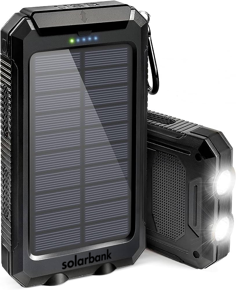 Versatile 20000mAh solar power bank with flashlight, durable water-resistant design, ideal for outdoor charging on-the-go.