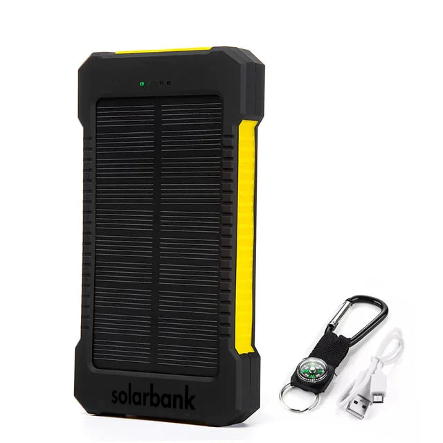 Versatile 20000mAh solar power bank with flashlight, durable water-resistant design, ideal for outdoor charging on-the-go.