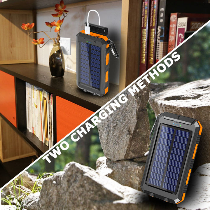 Versatile 20000mAh solar power bank with flashlight, durable water-resistant design, ideal for outdoor charging on-the-go.