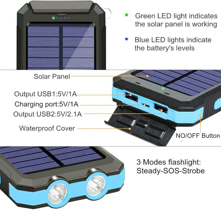 Versatile 20000mAh solar power bank with flashlight, durable water-resistant design, ideal for outdoor charging on-the-go.