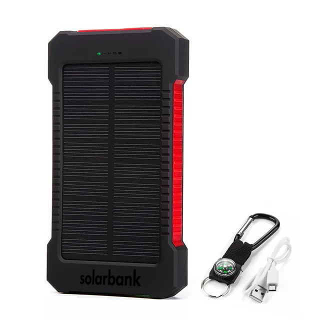 Versatile 20000mAh solar power bank with flashlight, durable water-resistant design, ideal for outdoor charging on-the-go.