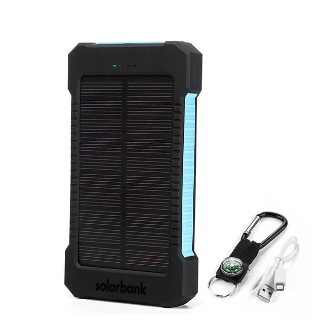 Versatile 20000mAh solar power bank with flashlight, durable water-resistant design, ideal for outdoor charging on-the-go.