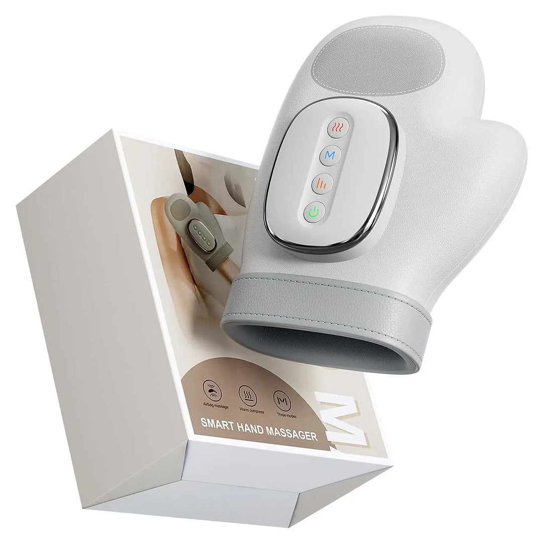 "Versatile hand massager with ergonomic design, 13-airbag compression, and customizable heat therapy for hand relaxation."