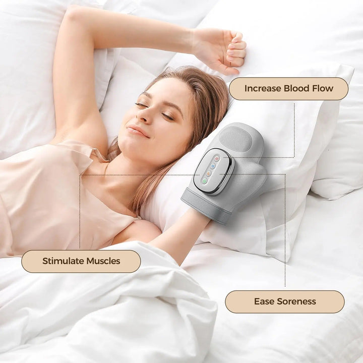 "Versatile hand massager with ergonomic design, 13-airbag compression, and customizable heat therapy for hand relaxation."