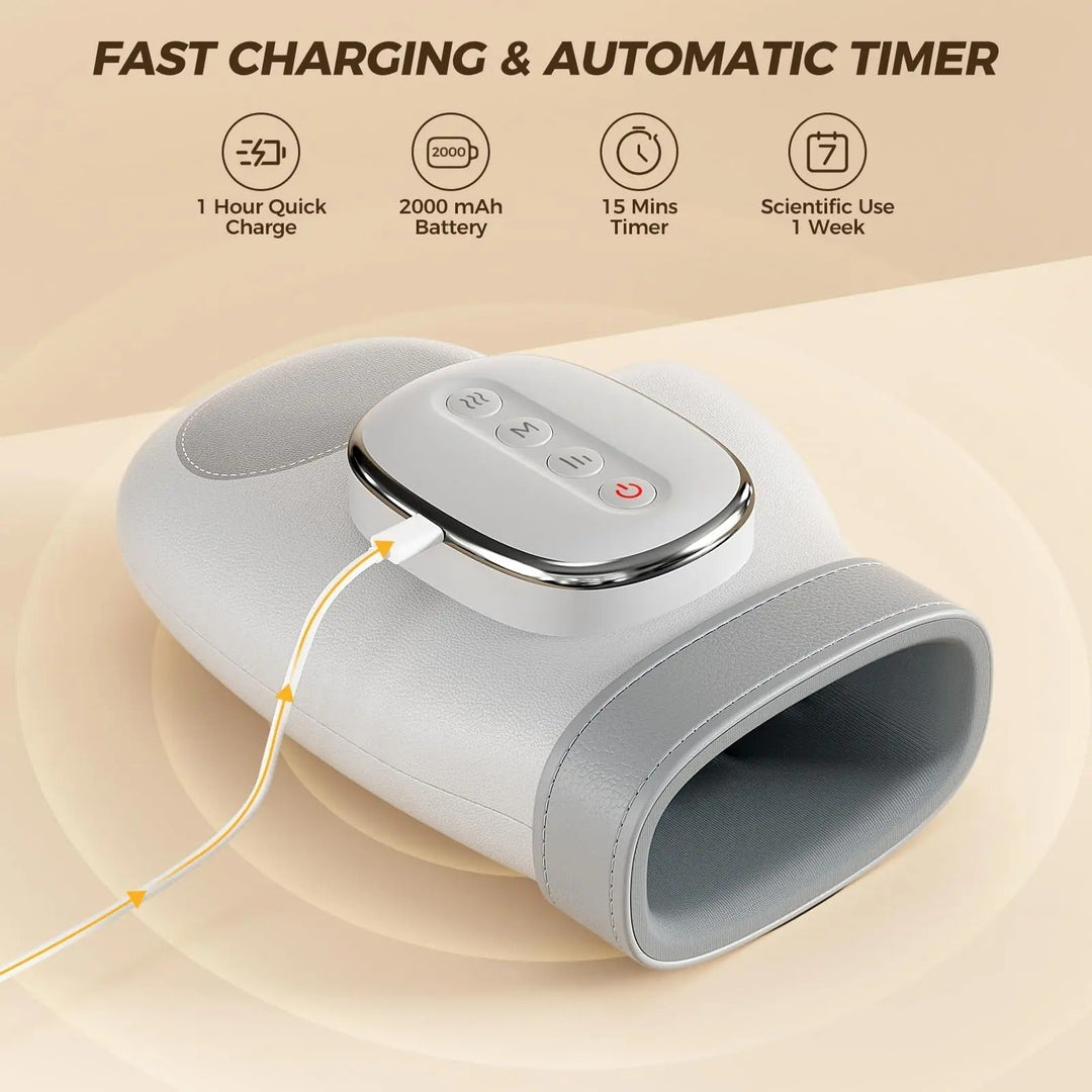 "Versatile hand massager with ergonomic design, 13-airbag compression, and customizable heat therapy for hand relaxation."