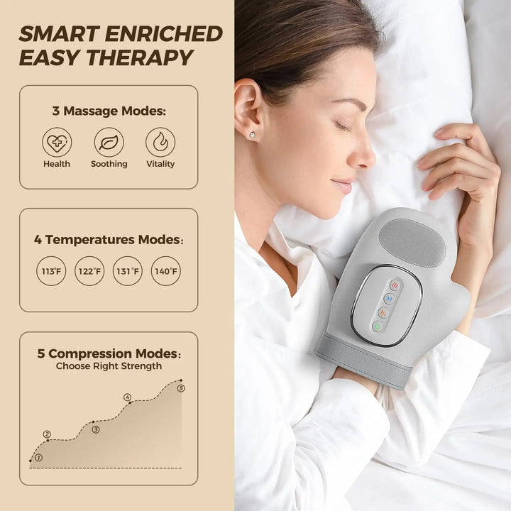 "Versatile hand massager with ergonomic design, 13-airbag compression, and customizable heat therapy for hand relaxation."