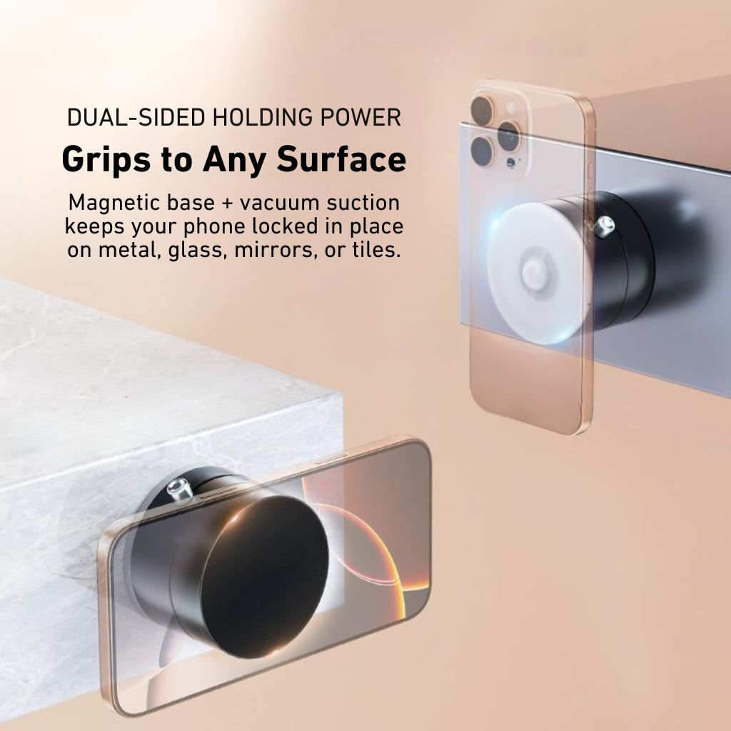 "Versatile magnetic phone mount with 360° rotation on desk, sleek design, modern and flexible for convenient phone positionin