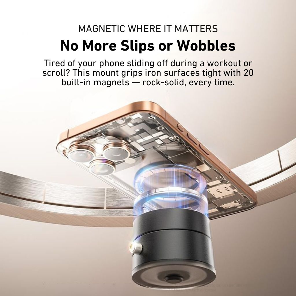 "Versatile magnetic phone mount with 360° rotation on desk, sleek design, modern and flexible for convenient phone positionin