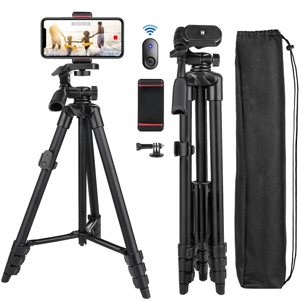 "Versatile phone tripod with Bluetooth remote, lightweight sturdy design, adjustable 18-55 inches, 360° rotation, phone holde