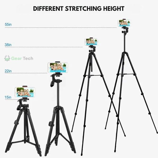 "Versatile phone tripod with Bluetooth remote, lightweight sturdy design, adjustable 18-55 inches, 360° rotation, phone holde