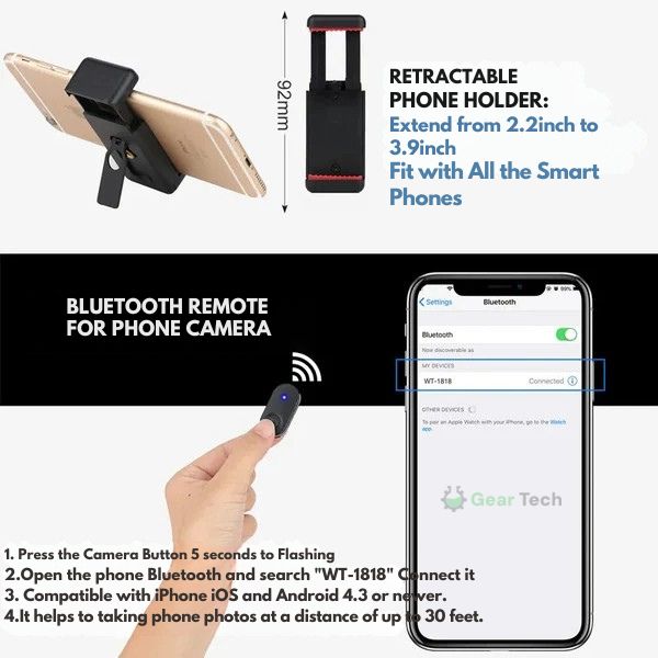 "Versatile phone tripod with Bluetooth remote, lightweight sturdy design, adjustable 18-55 inches, 360° rotation, phone holde