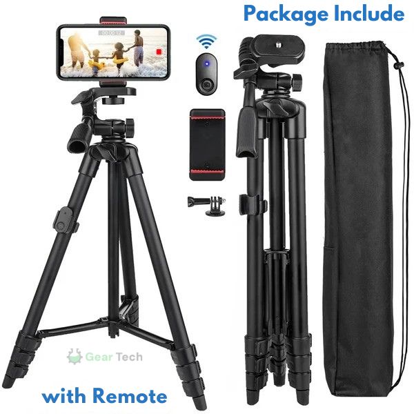 "Versatile phone tripod with Bluetooth remote, lightweight sturdy design, adjustable 18-55 inches, 360° rotation, phone holde
