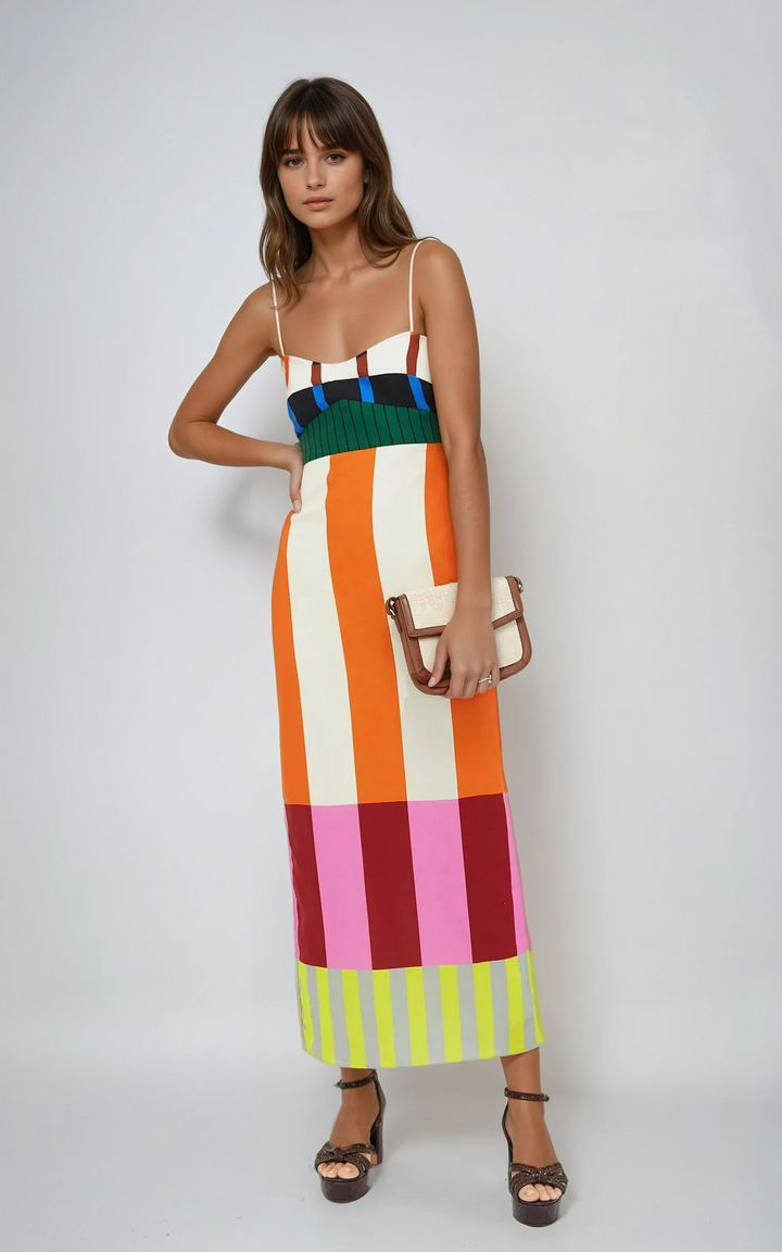 Vibrant color-blocked women's maxi dress with bold stripes, perfect for summer casual wear & beach vacations.