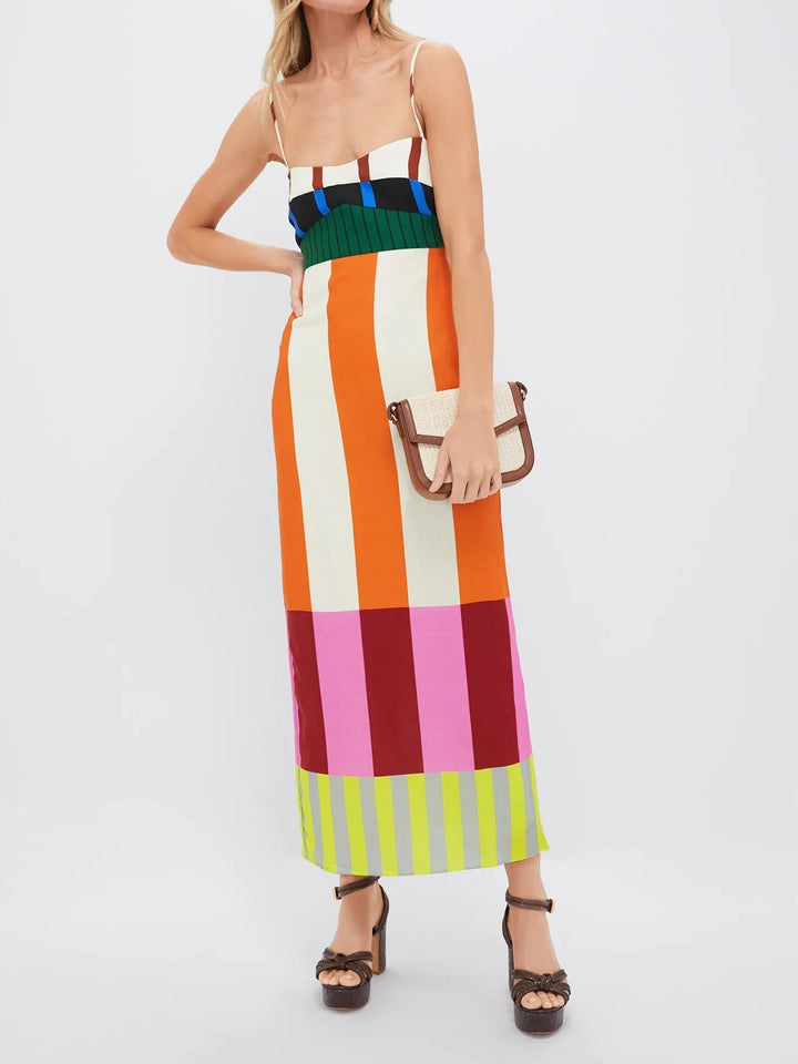 Flowy empire waist maxi dress for women, featuring vibrant color blocks & adjustable straps for summer vacation.