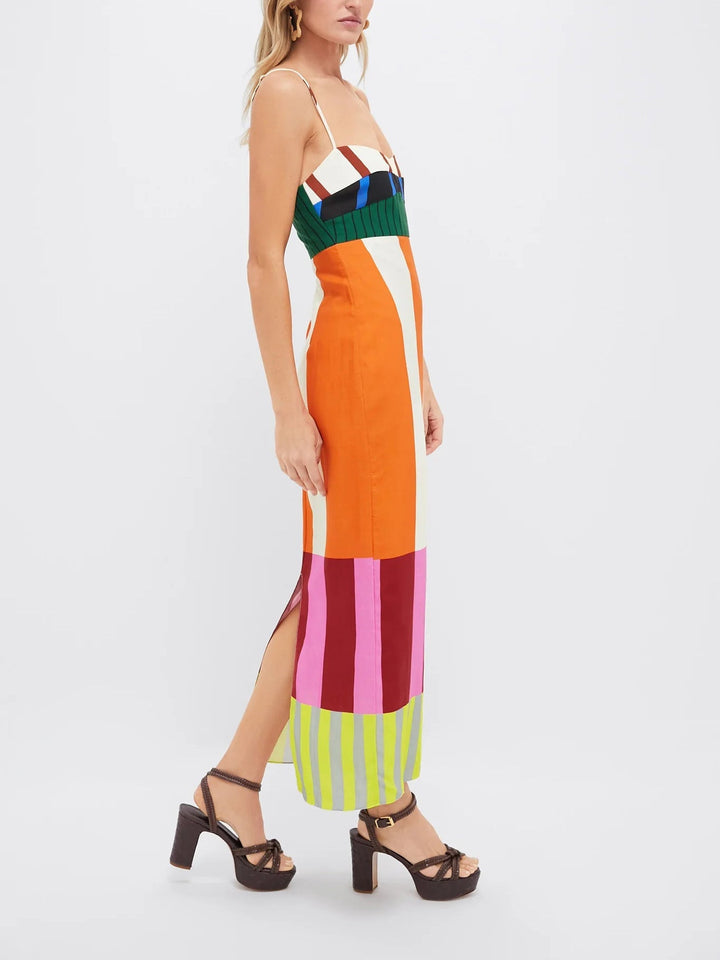 Comfortable women's empire waist maxi dress with bold color-blocked stripes & adjustable straps for summer beachwear.
