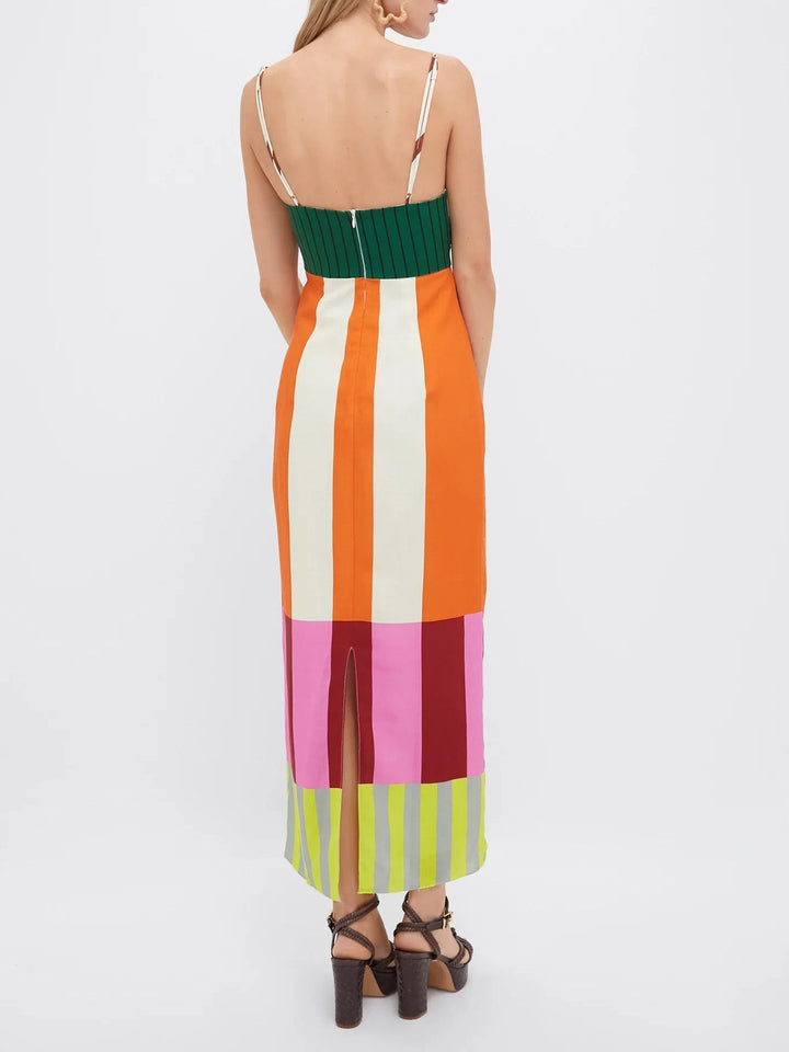 Eye-catching vibrant color-blocked maxi dress for women, with an empire waist & flowy skirt, perfect for summer vacation.