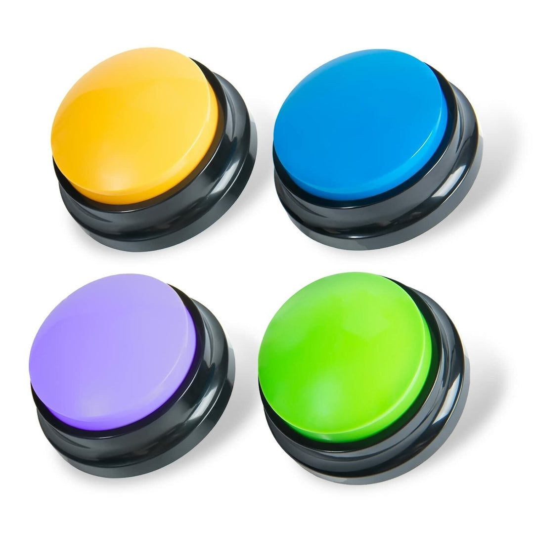 Vibrant dog communication buttons in blue, green, yellow, and purple for pet interaction and bonding; innovative pet supplies