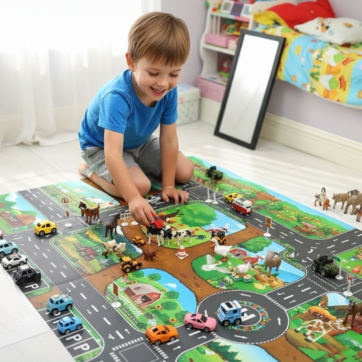 Vibrant kids' farm and road play mat, perfect for interactive learning and imaginative play in a child's room.