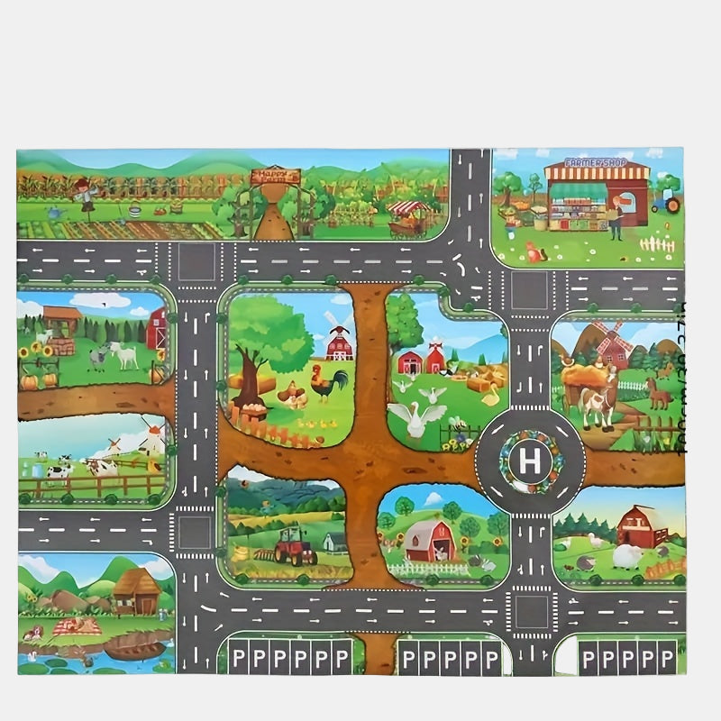 Detailed farm play mat for kids, featuring barns, fields, and animals, great for toddler imaginative farm play.