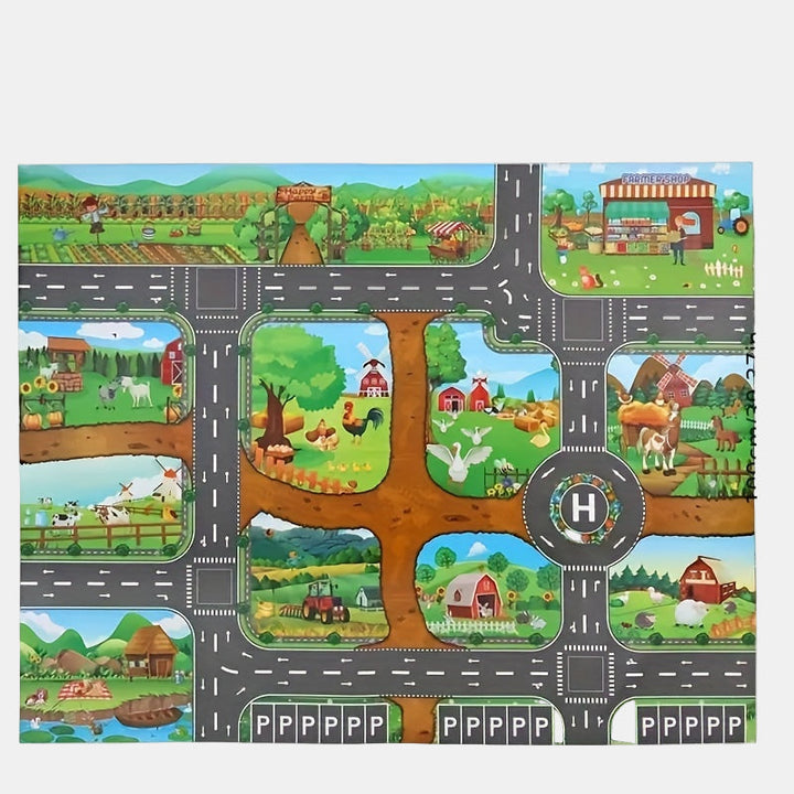 Detailed farm play mat for kids, featuring barns, fields, and animals, great for toddler imaginative farm play.