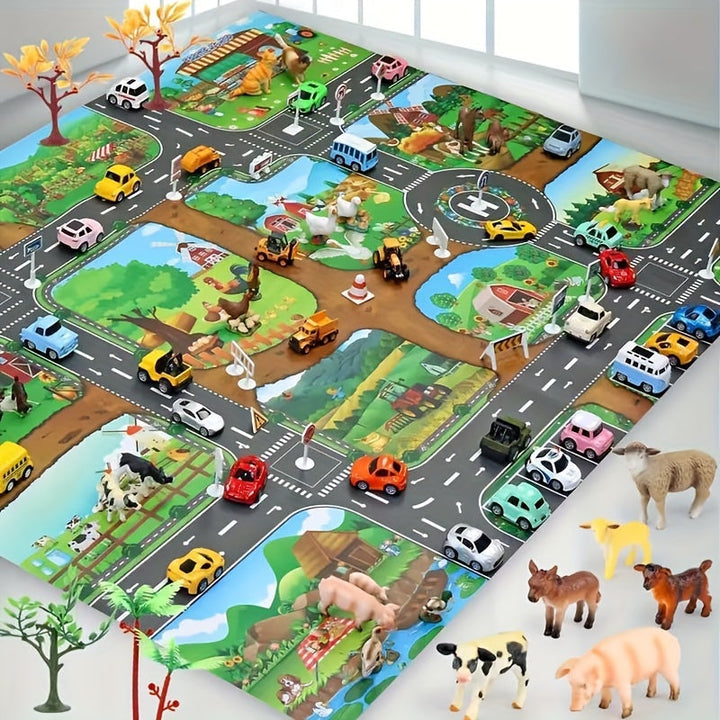 Interactive road play mat with winding roads, cityscapes, and traffic signs, ideal for kids' vehicle adventures.