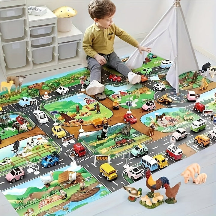 Educational play mat for toddlers, a vibrant farm and road rug promoting interactive learning & imaginative skills.